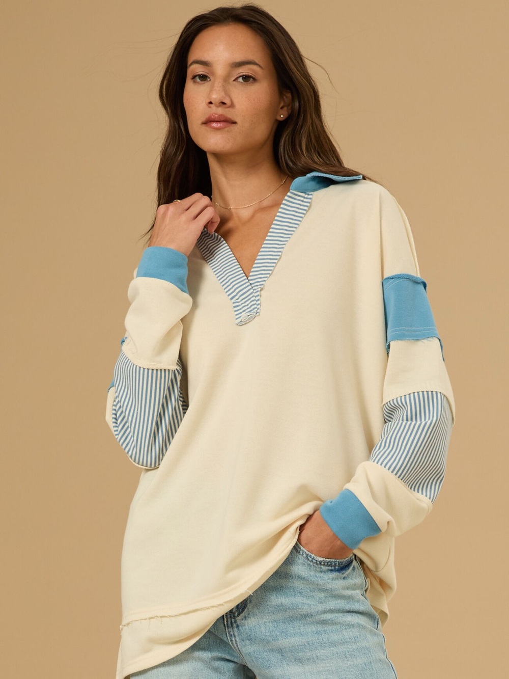 NEW Altar’d State Blake Striped Polo Pullover Womens XS Cream Blue Oversized NWT